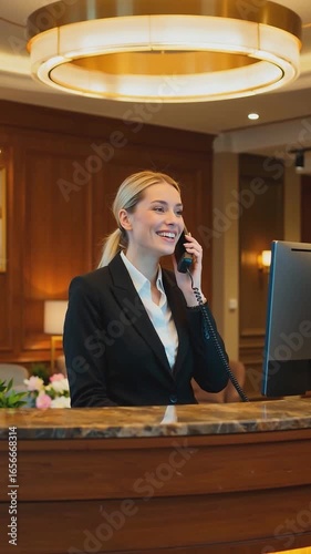 vertical. Female hotel receptionist in formal suit speaking on landline phone and smiling at front desk with computer monitor in elegant lobby interior. Hospitality service and guest communication con