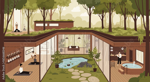 Serene woodland retreat with spa, yoga studio, and a central courtyard oasis