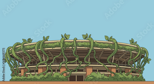Stadium Reclaimed by Nature, Illustration of Ecological Harmony and Urban Renewal