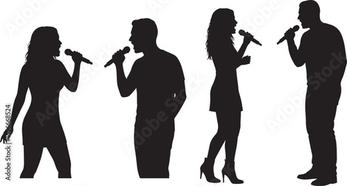 Four singers performing with microphones silhouette