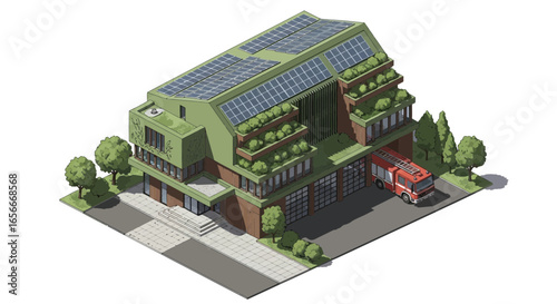 Stylized Fire Station Concept with Green Roofs and Solar Panels Isometric