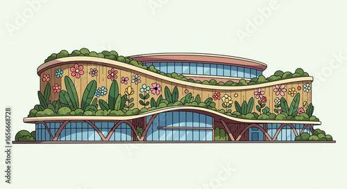 Stylized Modern Building with Green Roof and Floral Design, Cartoon Style
