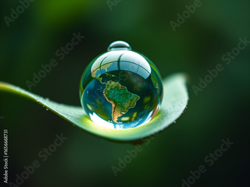 A clear sphere with a green leaf on top of it