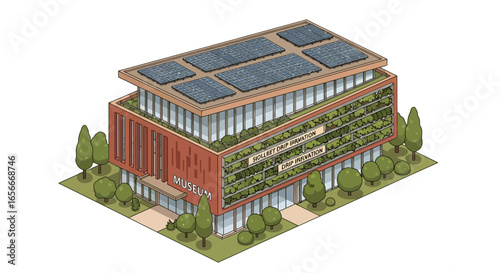 Stylized sustainable museum building concept featuring rooftop solar panels