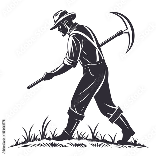 Farmer with a hoe walking through grass, vintage illustration