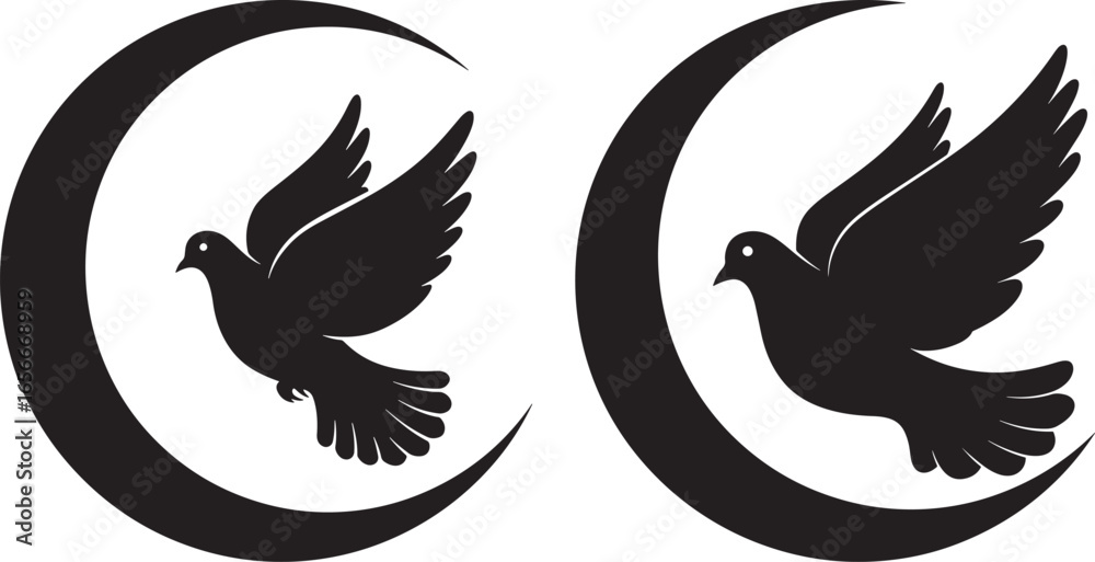 Obraz premium Two doves flying through crescent moons silhouette