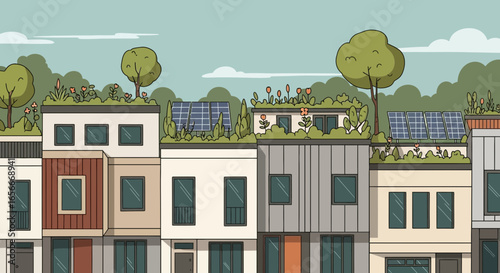 Sustainable urban living with green roofs and solar panels illustration
