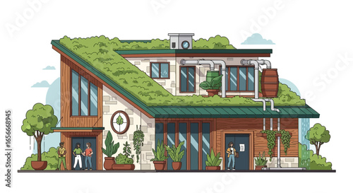 Sustainable living architectural design with green roof and rain harvesting