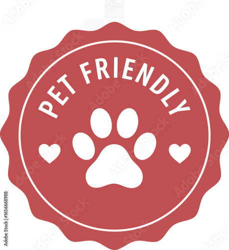 A red circular badge with a white paw print in the center and the words pet friendly around the top edge