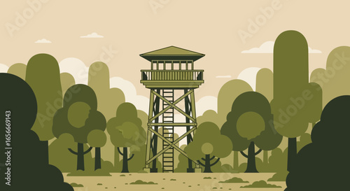 Vintage fire lookout tower scenery among dense forest nature landscape