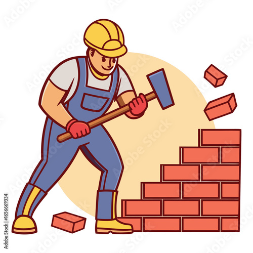 Smiling construction worker in overalls carefully builds a brick wall with a hammer