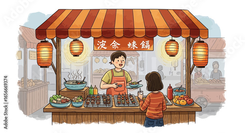 Whimsical illustration of a bustling asian street food vendor stall