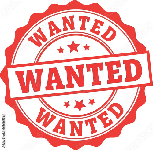 A bold red and white circular stamp with the word wanted repeated multiple times in a distressed font signifying a search or pursuit