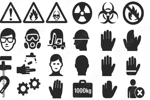 A collection of industrial safety and hazard warning icons. Vector set of symbols for workplace protection and personal protective equipment.