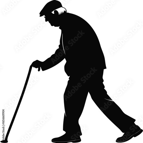 Silhouette of an elderly man walking with a cane