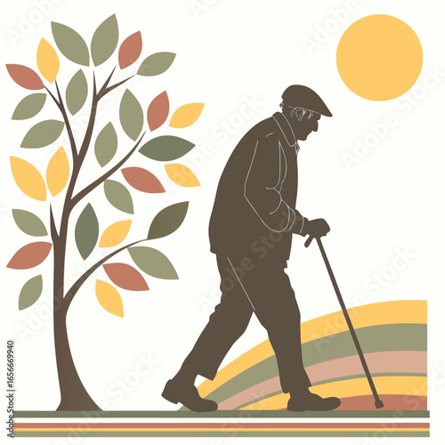 Elderly man with a cane walking near a tree with colorful autumn leaves