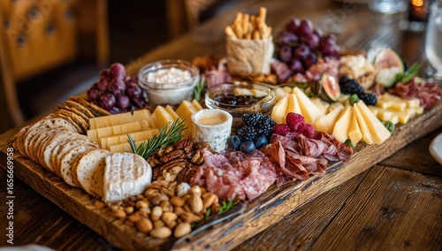 An assortment of cheeses, meats, fruits, and crackers arranged on a wooden platter