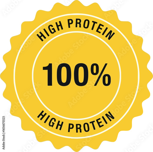 Bright yellow circular badge with jagged edges highlighting 100 high protein in bold black text for food product labeling