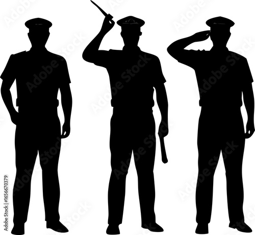 Three police officers in silhouette, , standing in various poses