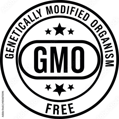 Circular stamp or seal indicating a product is free from genetically modified organisms gmos with stars and text in black and white