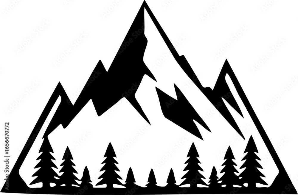 Obraz premium A minimalist black and white illustration of a mountain with sharp peaks, surrounded by pine trees at the base. Perfect for logos, outdoor branding, camping designs, and adventure-themed artwork.