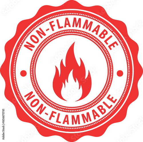 Red circular seal with a flame icon in the center indicating non flammable material safety and compliance