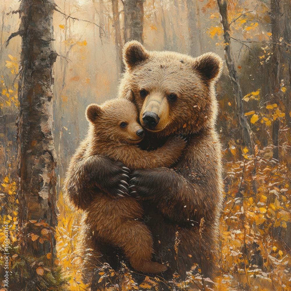 Fototapeta premium Bear hugging bear in painting.