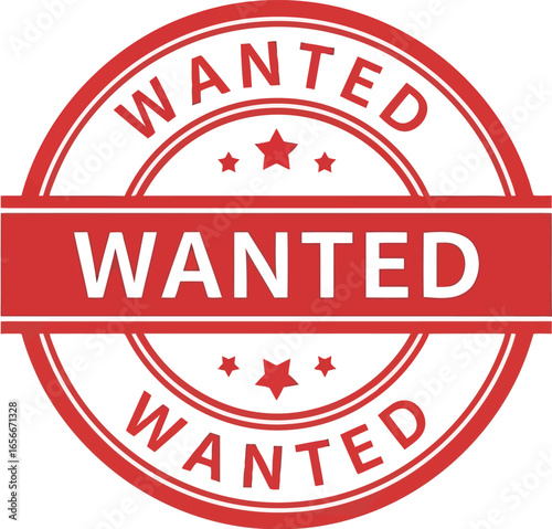 Classic red and white wanted poster circular stamp with distressed texture and stars symbolizing law enforcement and justice