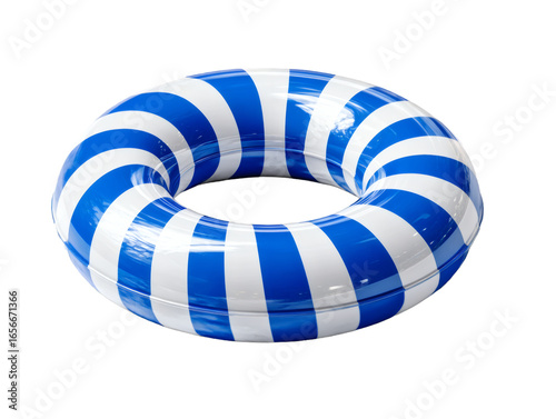 Fotografia A blue and white striped inflatable swimming ring designed for poolside relaxation and summer water activities, providing buoyancy and fun for users