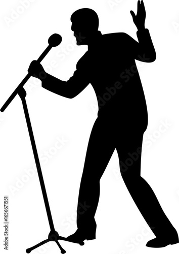 Silhouette of a man singing into a microphone on a stand