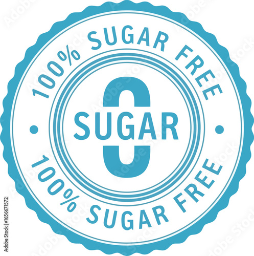 Circular blue stamp indicating 100 percent sugar free with a large zero and the word sugar in the center