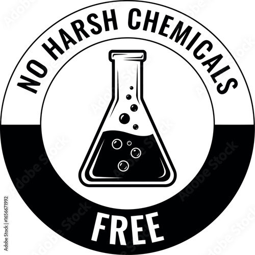 Circular emblem with a laboratory flask inside signifying a product free from harsh chemicals and safe for use
