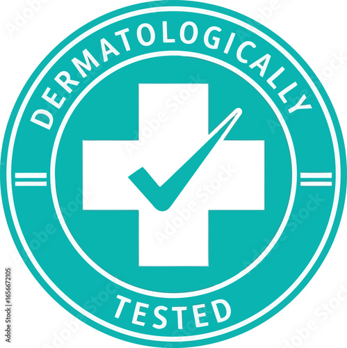 Turquoise circular badge with a white cross and green checkmark indicating dermatologically tested and approved for skin safety