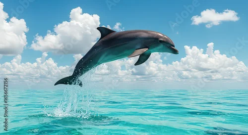 Obraz A dolphin leaps from the turquoise ocean water with a cloudy blue sky in the background view scene