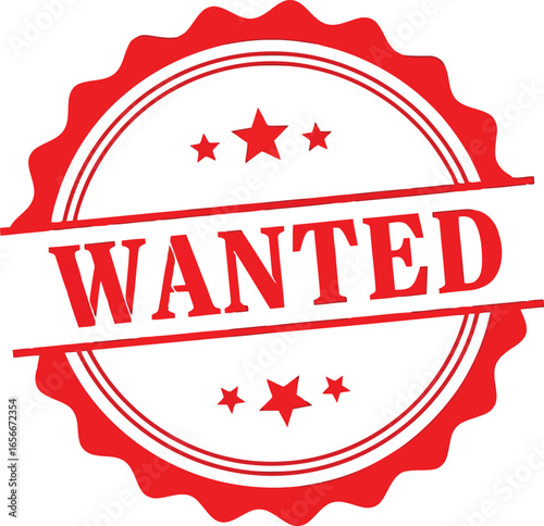 Vintage red circular stamp with the word wanted and stars symbolizing a reward or search