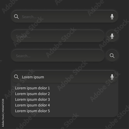 Vector search bar UI kit in neumorphic style with microphone and magnifying glass icons, dropdown results and rounded input fields for modern web, mobile apps, and interface design - Dark mode
