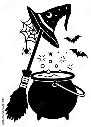 Witch cauldron with bubbling poisonous brew, broom with cobweb and spider, mystical hat with stars and moon, bats as harbingers of darkness in enchanted Halloween atmosphere