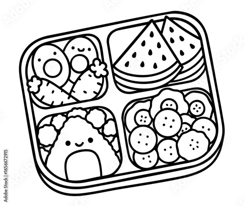 Cute kawaii Japanese bento lunch box with onigiri rice ball, vegetables, watermelon slices and salad, traditional food, Japanese culture and school lunch tradition
