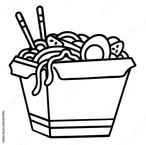 Asian wok noodles in takeout box with egg, vegetables and chopsticks, Japanese and Chinese street food of ramen to go