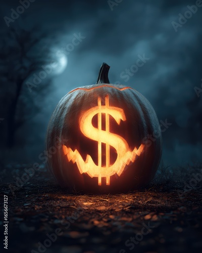 Glowing Pumpkin with Dollar Sign Carving Surrounded by Spooky Night Atmosphere Featuring Full Moon and Dark Trees