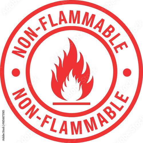 Red circular warning sign with a stylized flame symbol indicating non flammable material safety and hazard prevention
