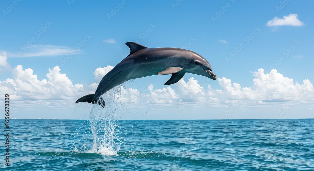 Fototapeta premium A dolphin leaps from the ocean with blue sky and white clouds in the background on a sunny day scene