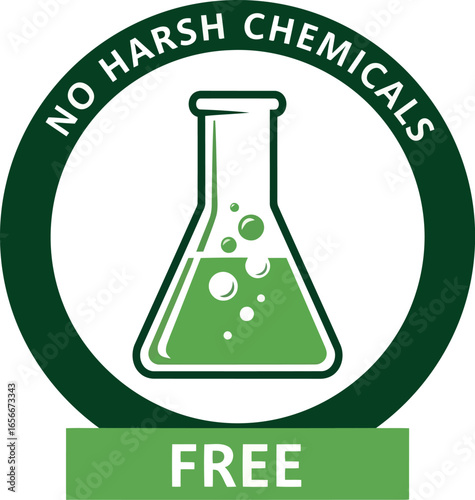 Green circular emblem with a laboratory flask inside indicating no harsh chemicals are used in the product