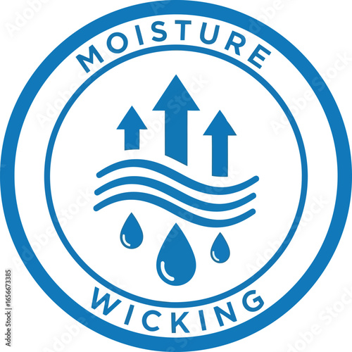 Circular blue icon with the words moisture wicking around the edge and three upward arrows indicating moisture transfer away from the body