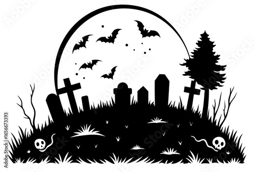 Haunted graveyard hill under full moon with tilted crosses, broken tombstones, skulls and snakes in dry grass, flying bats guarding eerie gothic cemetery for Halloween horror