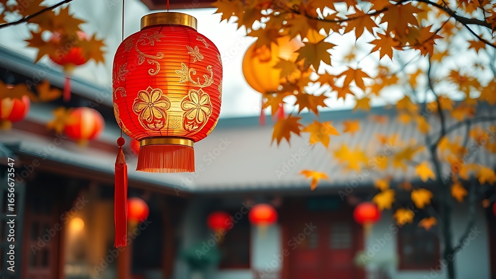 Naklejka premium A vibrant red lantern with gold patterns glowing warmly, set against a traditional courtyard with drifting autumn leaves.