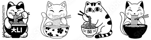 Cute maneki neko lucky cats eating ramen noodles with chopsticks, Japanese and Chinese fortune talisman illustration set, kawaii cartoon style with udon, soba, and traditional Asian food