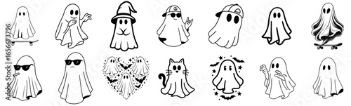 Halloween ghost character set with skater ghost on skateboard, shy ghost with blushing cheeks, witch ghost in hat, happy ghost waving, surprised ghost with big eyes, calm ghost in lotus pose, cool gho