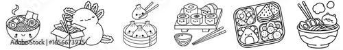 Cute kawaii Japanese food set with ramen bowls, wok noodles, sushi rolls, dim sum dumplings and bento box