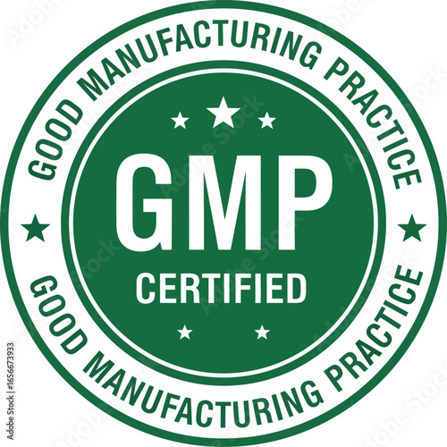 Green circular gmp certified seal indicating good manufacturing practice compliance for quality assurance and product safety standards
